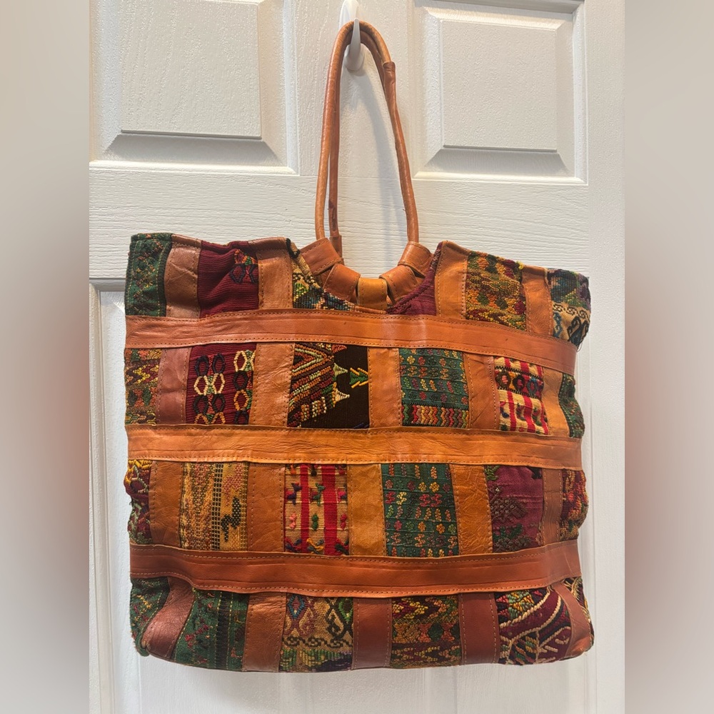 Patchwork Tote Bag - Multicolor Leather Cotton Ba… - image 2
